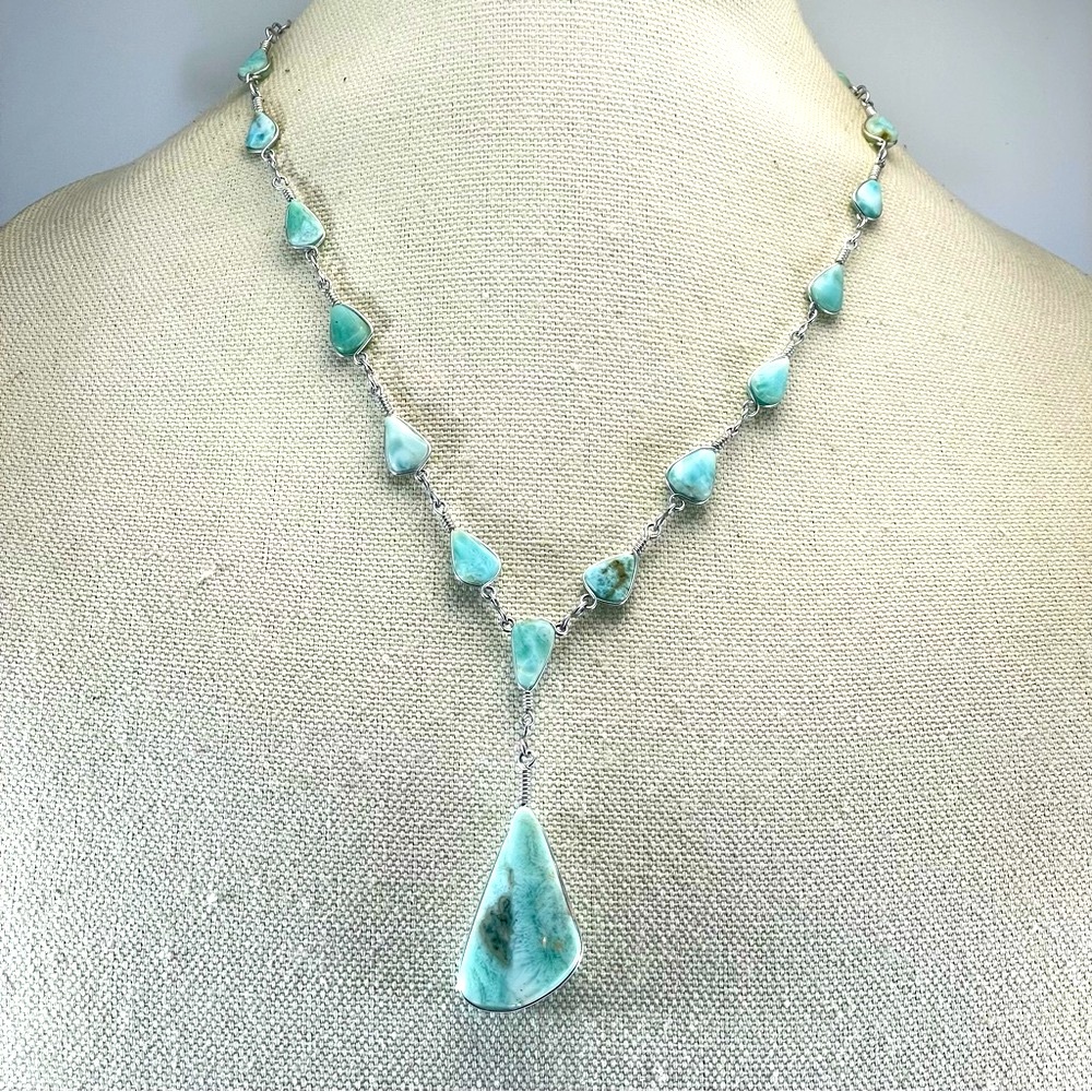 Caribbean Larimar Silver Wire Wrapped Chain Pendant Necklace 19 Inches